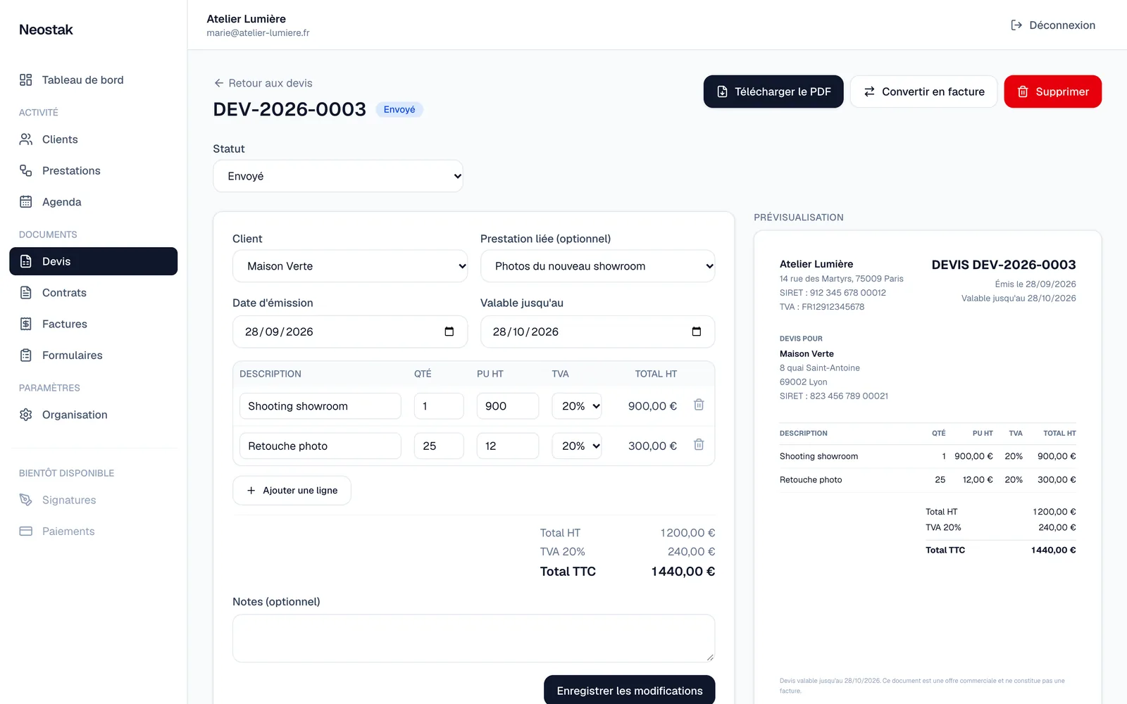 Création d'un devis dans Neostak avec la prévisualisation du document