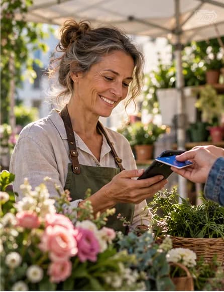 Fleuriste encaissant un client par carte sur son téléphone
