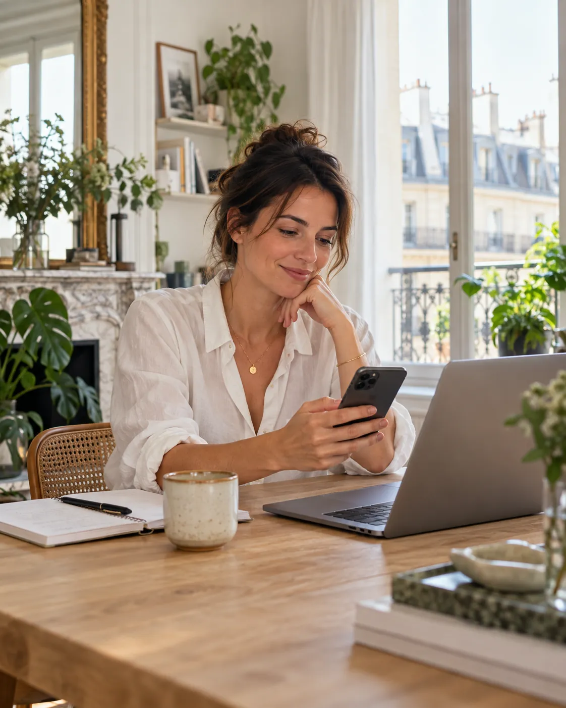 Indépendante gérant son activité depuis son téléphone et son ordinateur