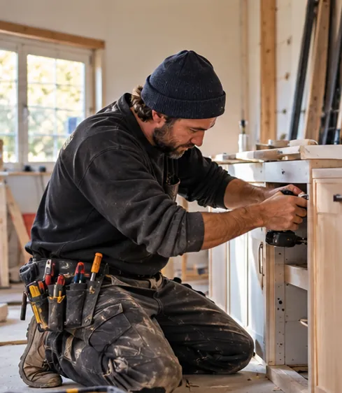 Artisan installant une cuisine sur un chantier