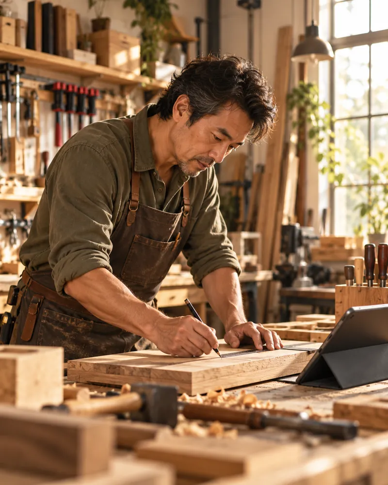 Menuisier traçant une découpe dans son atelier, une tablette à côté