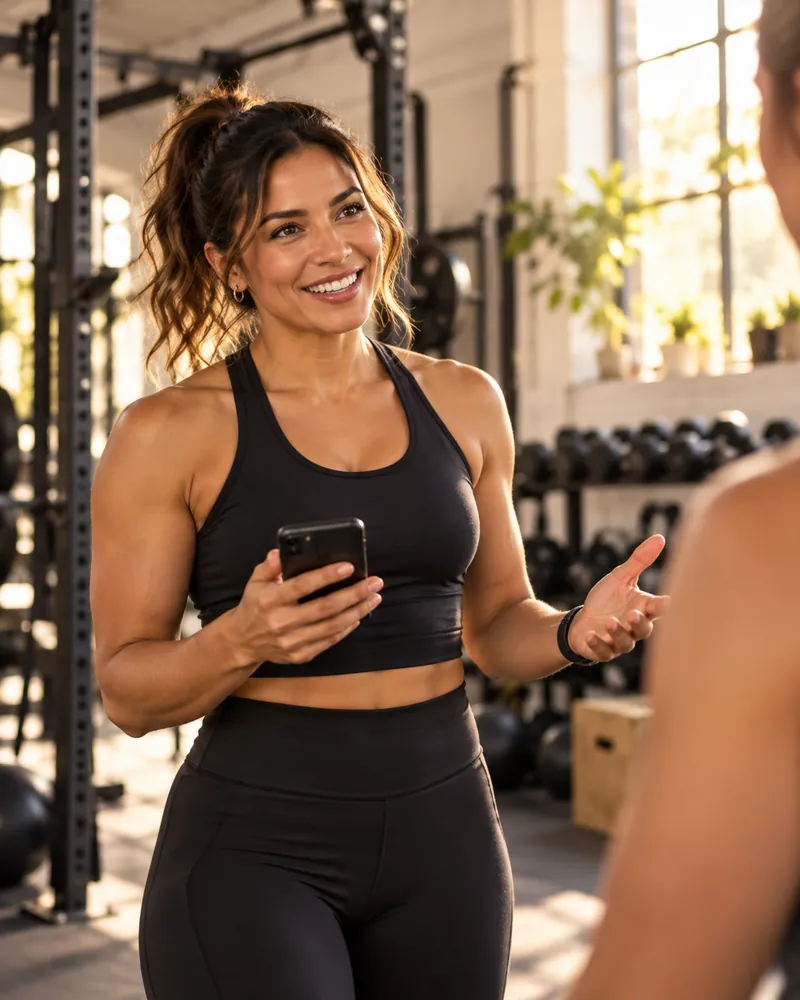 Coach sportive discutant avec une cliente dans une salle de sport