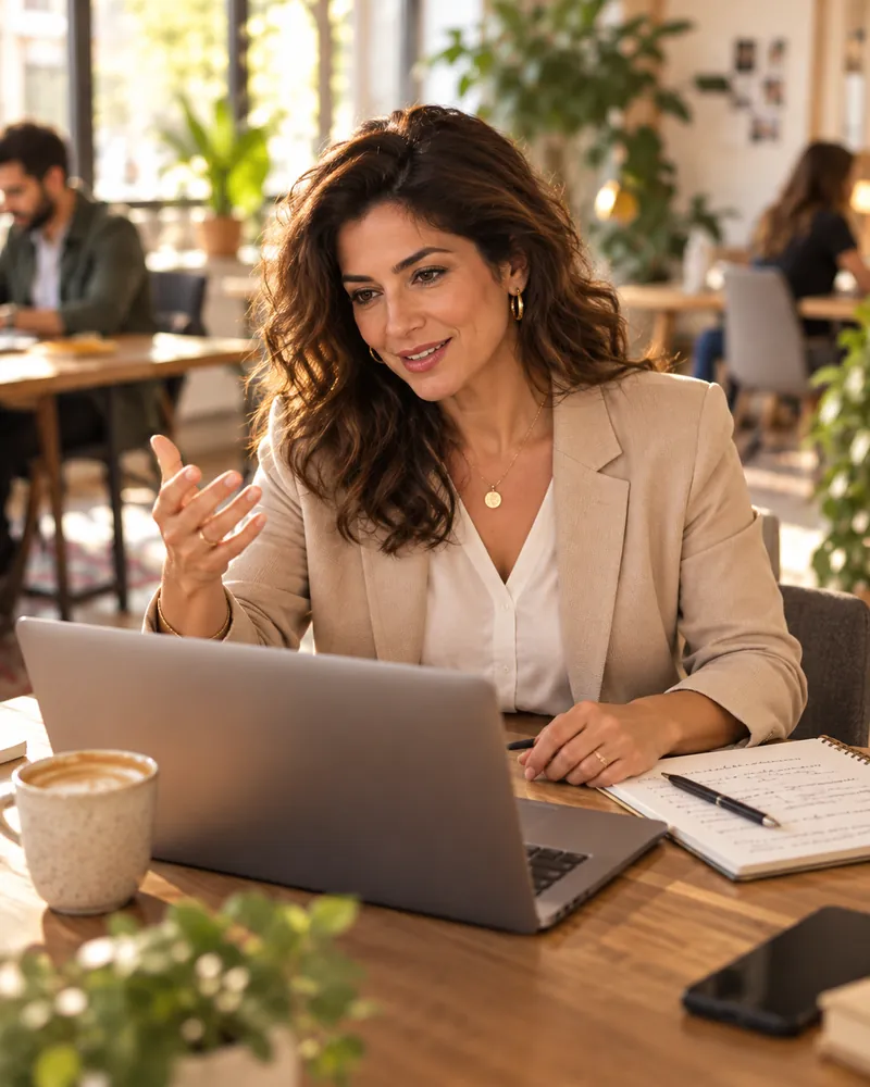 Consultante en visioconférence dans un café