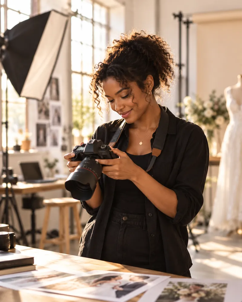Photographe vérifiant ses photos dans son studio